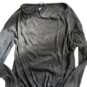 Harlowe & Graham Tie-Front Top Ribbed Off Shoulder Charcoal Gray Long Sleeves